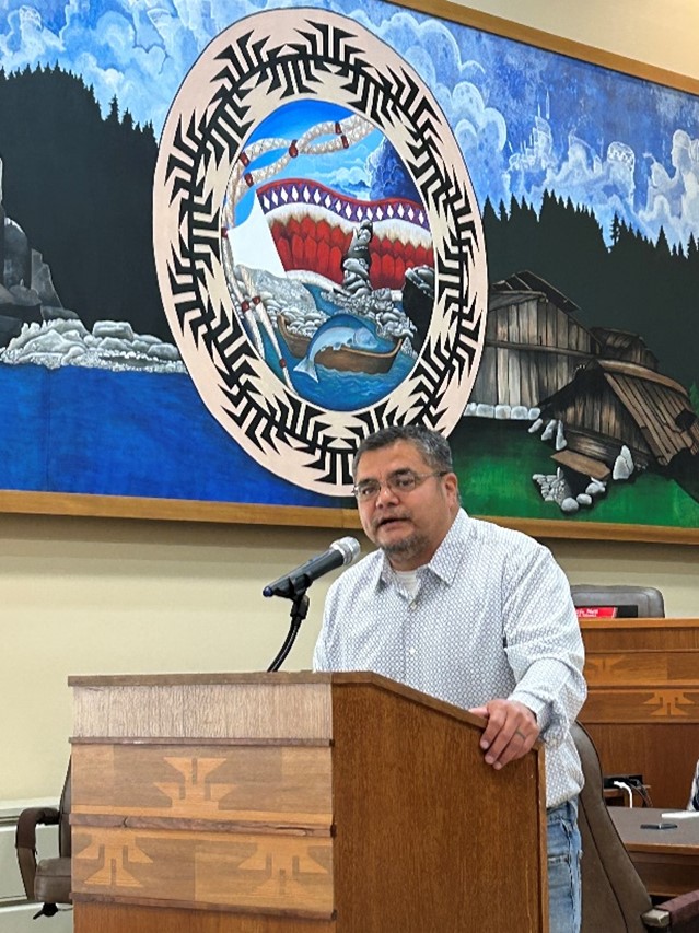 Yurok Tribe Chairman Joseph James speaks at the ribbon-cutting event in the Yurok Tribe's council chambers.