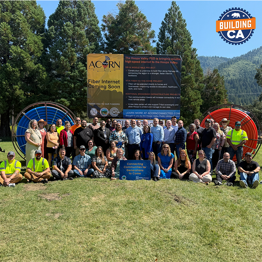 Leaders of CDT, Hoopa Valley Tribal Council, Hoopa Valley Public Utilities District, and CA Public Utilities Commission with community members and construction crew.