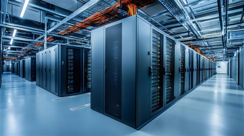 data center with multiple server racks and cables